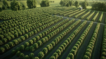 Aerial view of a neatly planted orchard with rows of green trees, a single path, and a rolling grassy hillside.