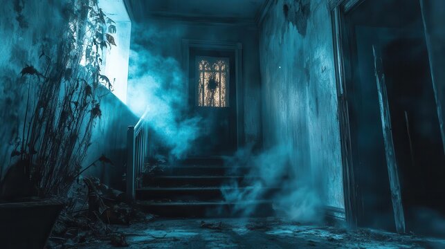 Haunted house tour with eerie music, ghostly figures, and creepy decorations, creating a chilling experience for party guests, Spooky, Cool Tones, Atmospheric