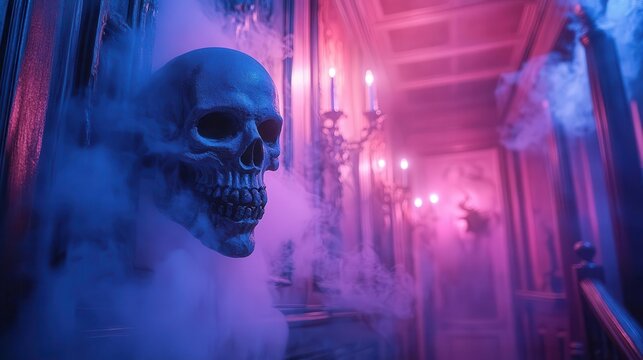 Haunted house tour with eerie music, ghostly figures, and creepy decorations, creating a chilling experience for party guests, Spooky, Cool Tones, Atmospheric