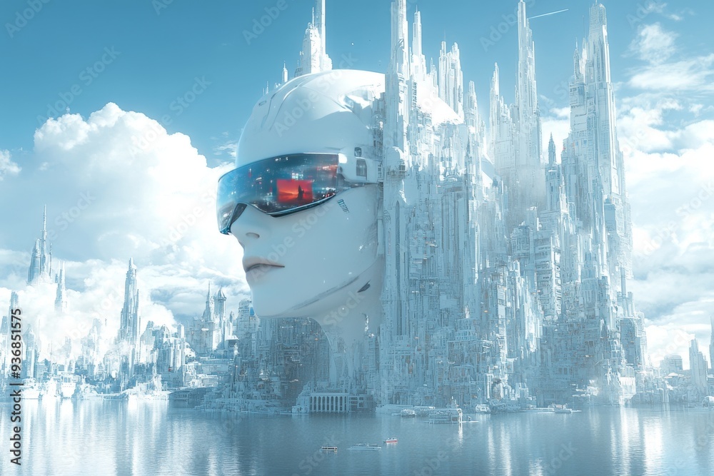 Sticker A futuristic individual in a sleek white VR headset stands in front of a towering crystalline digital cityscape blending advanced technology with the cold beauty of a modern virtual world