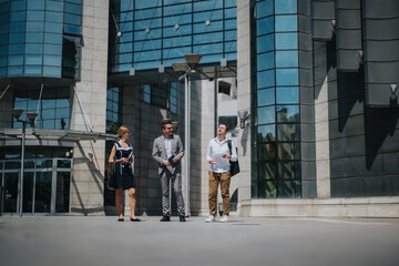 Three business professionals engage in conversation outside a modern glass office building, reflecting a bright and sunny day. Ideal setting for corporate discussions or networking opportunities.