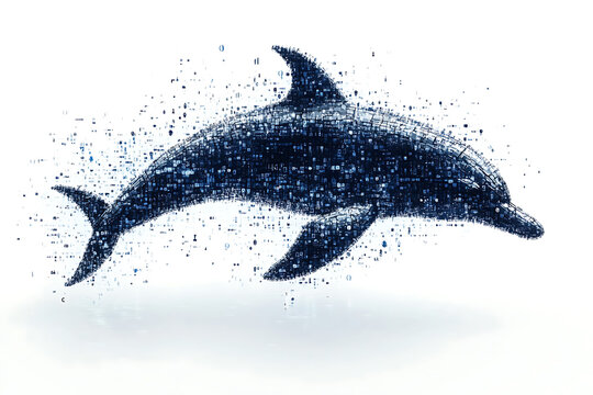 A digital illustration of a dolphin silhouette, rendered in a binary code pattern with a clean white background for a modern, tech-inspired look.

