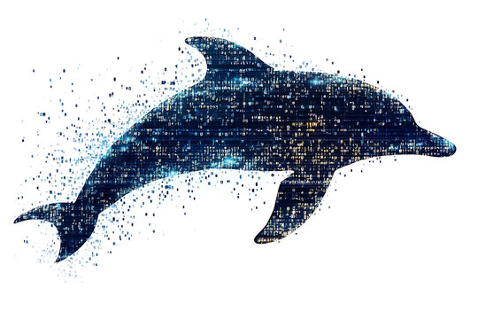 A digital illustration of a dolphin silhouette, rendered in a binary code pattern with a clean white background for a modern, tech-inspired look.

