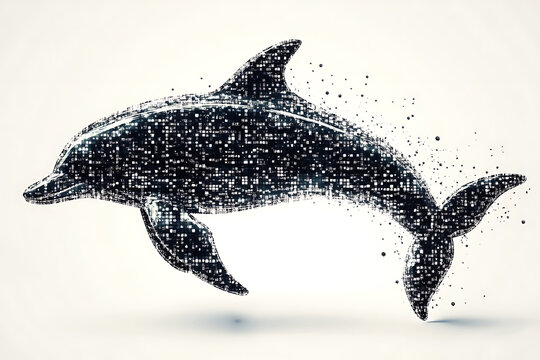 A digital illustration of a dolphin silhouette, rendered in a binary code pattern with a clean white background for a modern, tech-inspired look.
