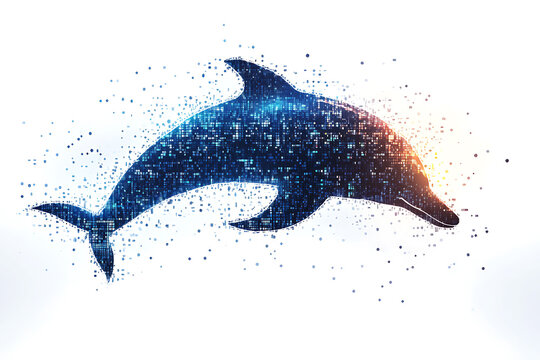 A digital illustration of a dolphin silhouette, rendered in a binary code pattern with a clean white background for a modern, tech-inspired look.
