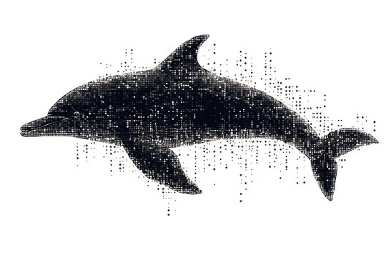 A digital illustration of a dolphin silhouette, rendered in a binary code pattern with a clean white background for a modern, tech-inspired look.

