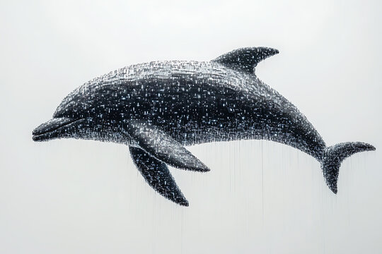 A digital illustration of a dolphin silhouette, rendered in a binary code pattern with a clean white background for a modern, tech-inspired look.

