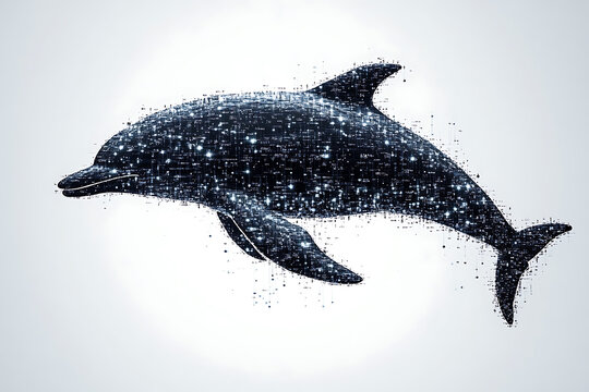 A digital illustration of a dolphin silhouette, rendered in a binary code pattern with a clean white background for a modern, tech-inspired look.
