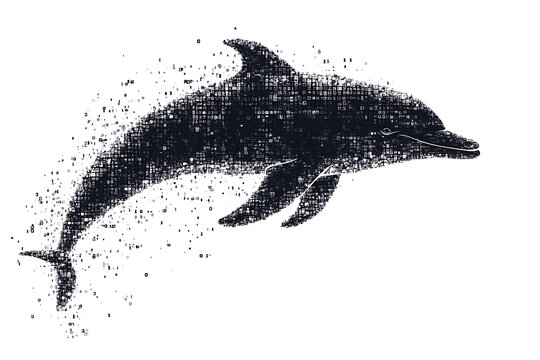 A digital illustration of a dolphin silhouette, rendered in a binary code pattern with a clean white background for a modern, tech-inspired look.
