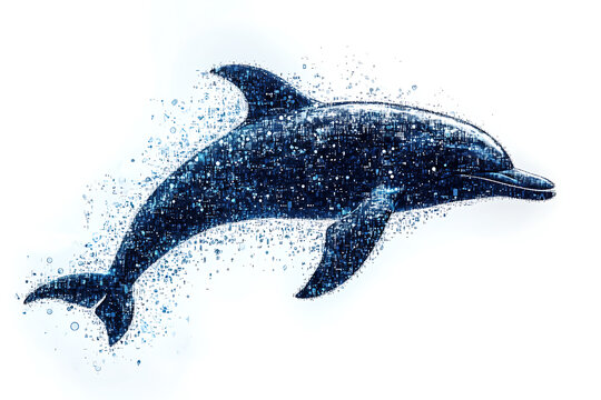 A digital illustration of a dolphin silhouette, rendered in a binary code pattern with a clean white background for a modern, tech-inspired look.
