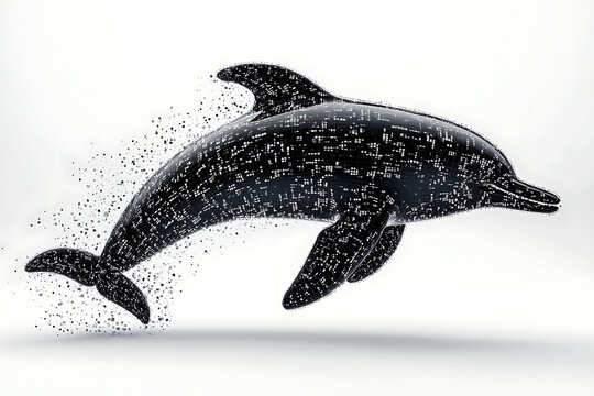 A digital illustration of a dolphin silhouette, rendered in a binary code pattern with a clean white background for a modern, tech-inspired look.
