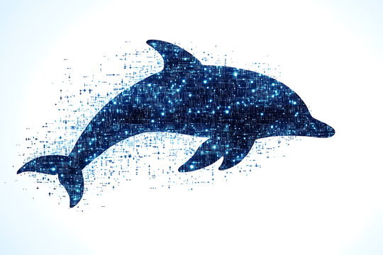 A digital illustration of a dolphin silhouette, rendered in a binary code pattern with a clean white background for a modern, tech-inspired look.
