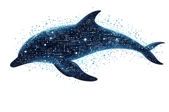 A digital illustration of a dolphin silhouette, rendered in a binary code pattern with a clean white background for a modern, tech-inspired look.
