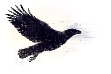  eagle silhouette, rendered in a binary code pattern with a clean white background, combining nature with technology
