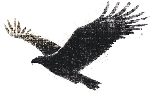  eagle silhouette, rendered in a binary code pattern with a clean white background, combining nature with technology