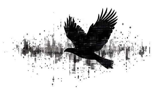  eagle silhouette, rendered in a binary code pattern with a clean white background, combining nature with technology