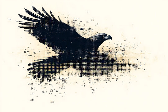  eagle silhouette, rendered in a binary code pattern with a clean white background, combining nature with technology