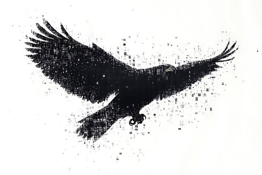  eagle silhouette, rendered in a binary code pattern with a clean white background, combining nature with technology