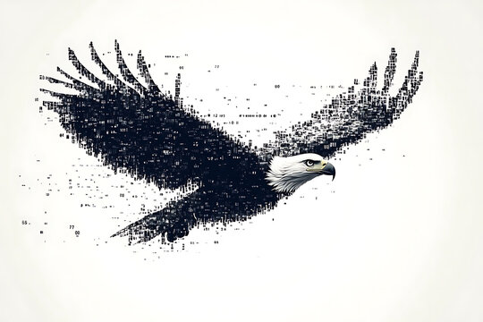  eagle silhouette, rendered in a binary code pattern with a clean white background, combining nature with technology