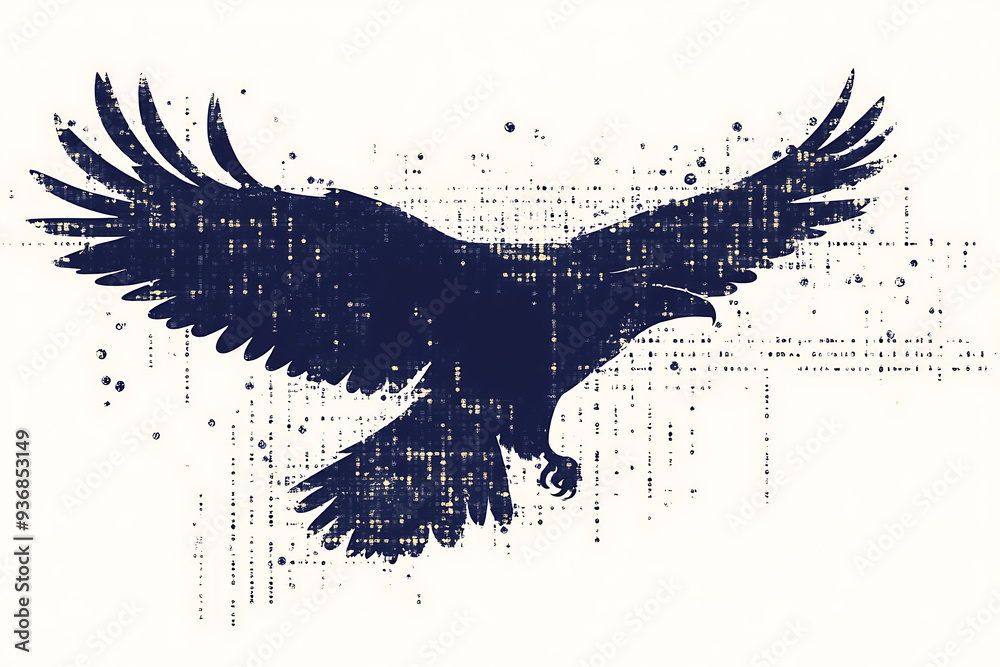 Wall mural a digital illustration of an eagle silhouette, rendered in a binary code pattern with a clean white 