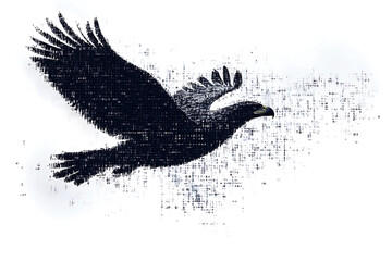 A digital illustration of an eagle silhouette, rendered in a binary code pattern with a clean white background, combining nature with technology.
