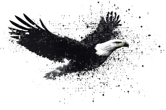  eagle silhouette, rendered in a binary code pattern with a clean white background, combining nature with technology