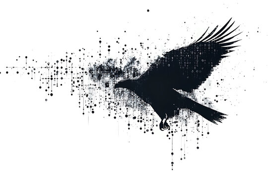  eagle silhouette, rendered in a binary code pattern with a clean white background, combining nature with technology