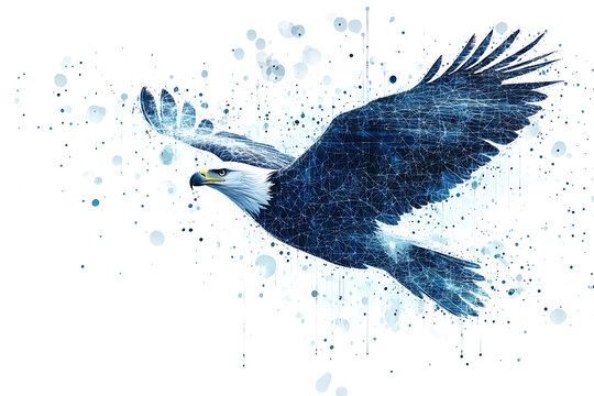 A digital illustration of an eagle silhouette, rendered in a binary code pattern with a clean white background, combining nature with technology.
