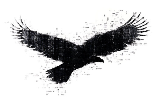 A digital illustration of an eagle silhouette, rendered in a binary code pattern with a clean white background, combining nature with technology.
