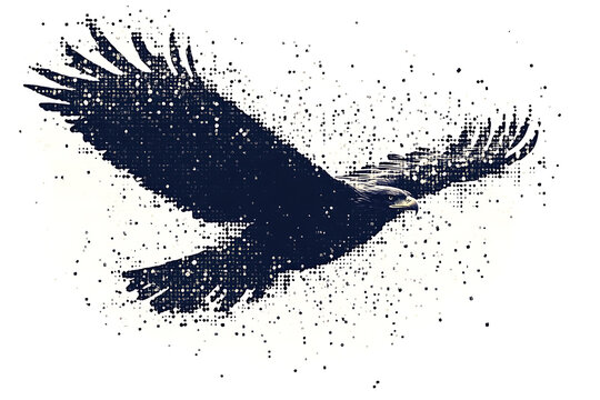 A digital illustration of an eagle silhouette, rendered in a binary code pattern with a clean white background, combining nature with technology.
