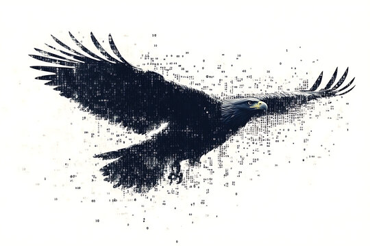 A digital illustration of an eagle silhouette, rendered in a binary code pattern with a clean white background, combining nature with technology.
