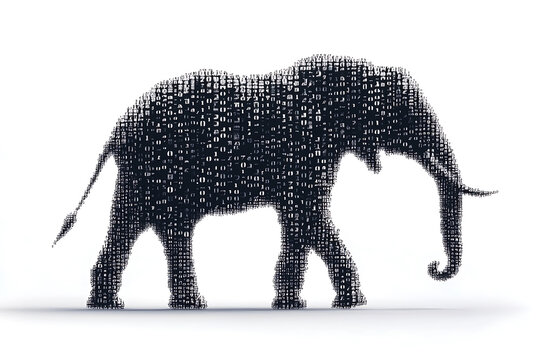  elephant silhouette, featuring a binary code pattern against a white background, merging the majestic animal with technology.
