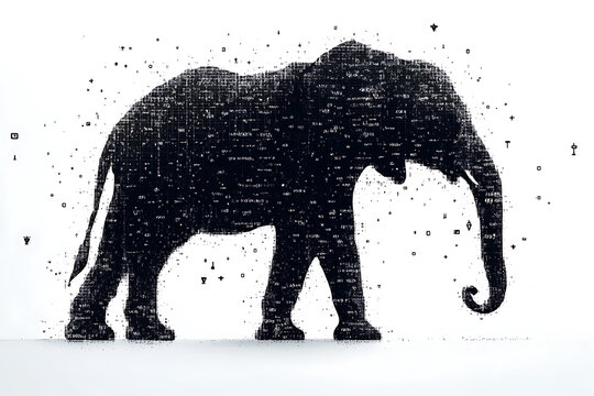  elephant silhouette, featuring a binary code pattern against a white background, merging the majestic animal with technology.
