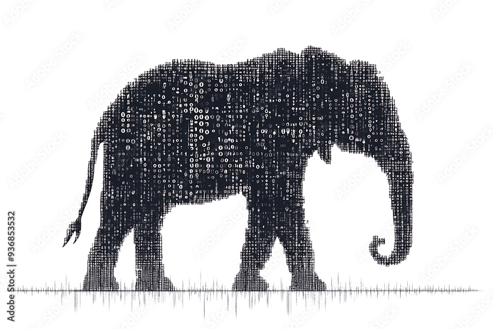 Canvas Prints a digital illustration of an elephant silhouette, featuring a binary code pattern against a white ba