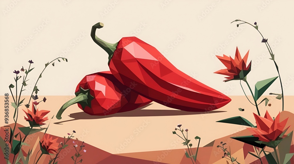 Canvas Prints two red peppers and flowers in a low poly style