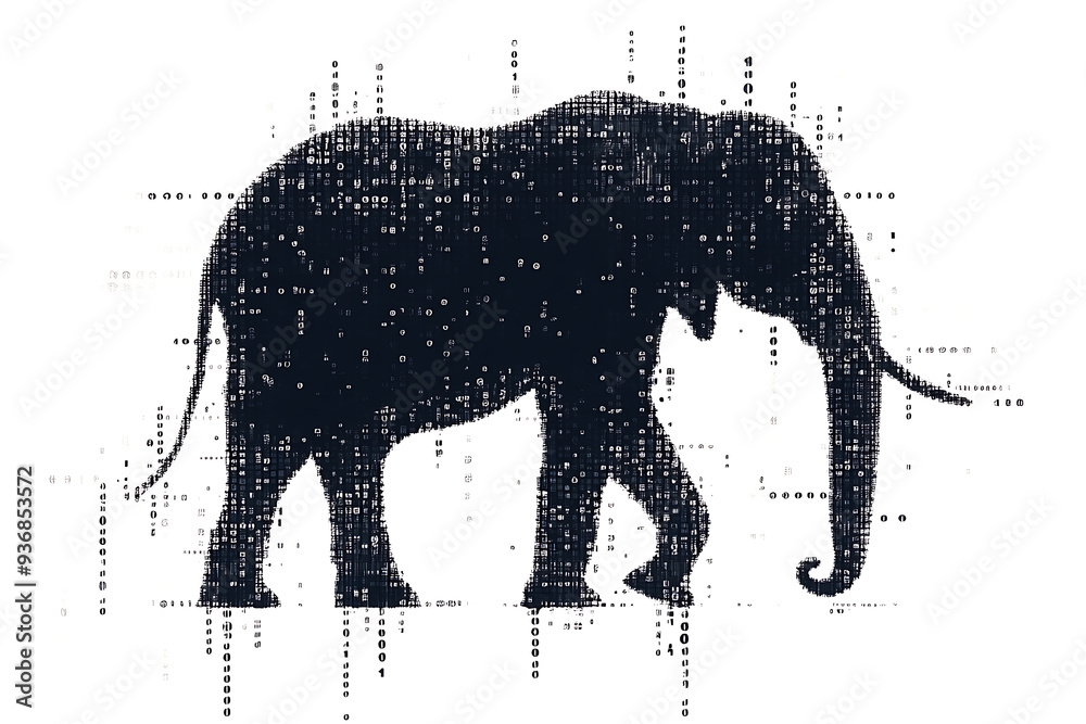 Wall mural a digital illustration of an elephant silhouette, featuring a binary code pattern against a white ba