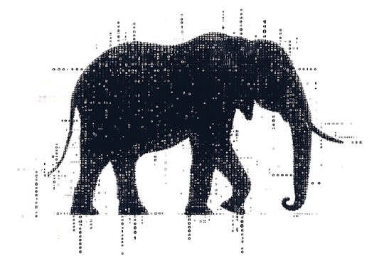 A digital illustration of an elephant silhouette, featuring a binary code pattern against a white background, merging the majestic animal with technology.
