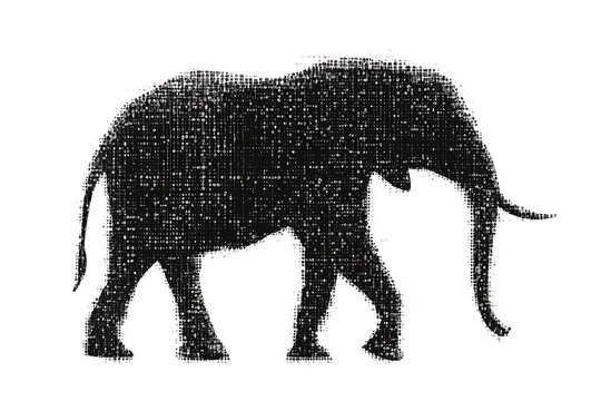 A digital illustration of an elephant silhouette, featuring a binary code pattern against a white background, merging the majestic animal with technology.
