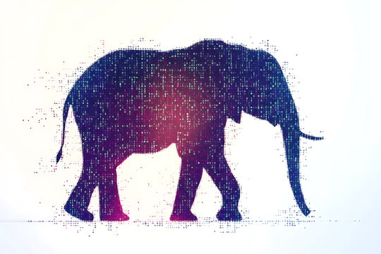 A digital illustration of an elephant silhouette, featuring a binary code pattern against a white background, merging the majestic animal with technology.
