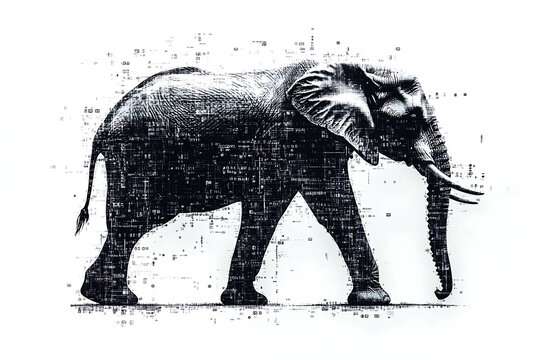 A digital illustration of an elephant silhouette, featuring a binary code pattern against a white background, merging the majestic animal with technology.
