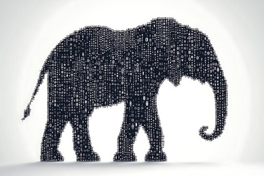 A digital illustration of an elephant silhouette, featuring a binary code pattern against a white background, merging the majestic animal with technology.
