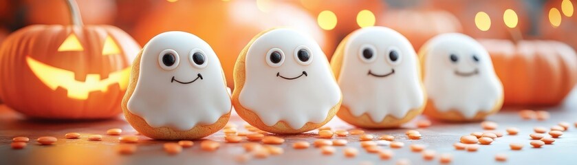 Spooky snacks like ghost-shaped cookies and candy eyeballs, arranged on a Halloween-themed table, Festive, Warm Glow, Detailed