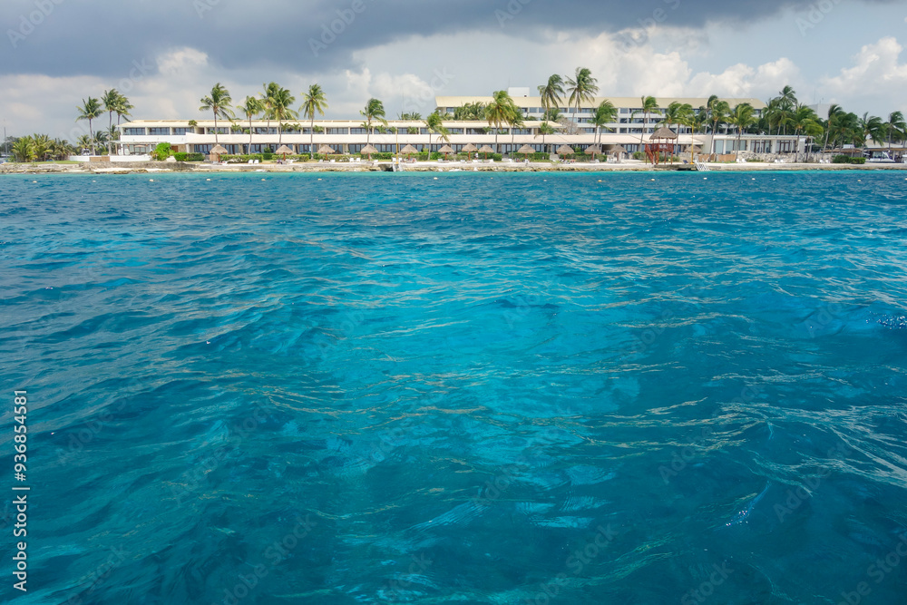 Wall mural turquoise blue waters of the caribbean sea on the island of cozumel, mexico