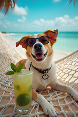 A joyful dog at the beach sipping a tropical drink, radiating vacation vibes. Perfect for travel, summer, or pet relaxation-themed content.