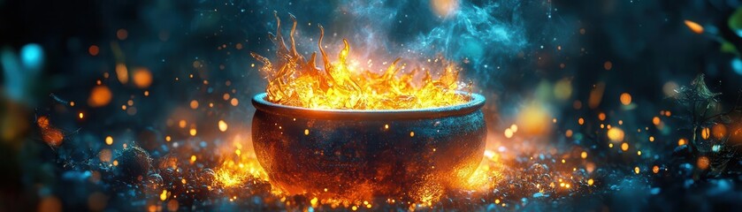 Witches cauldron filled with bubbling punch, served with eerie garnishes and glowing effects, Festive, Cool Tones, Detailed