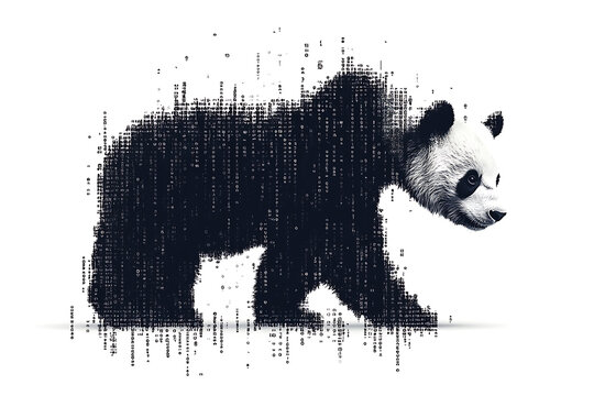  panda silhouette, rendered in a binary code pattern with a white background, blending nature with technology.
