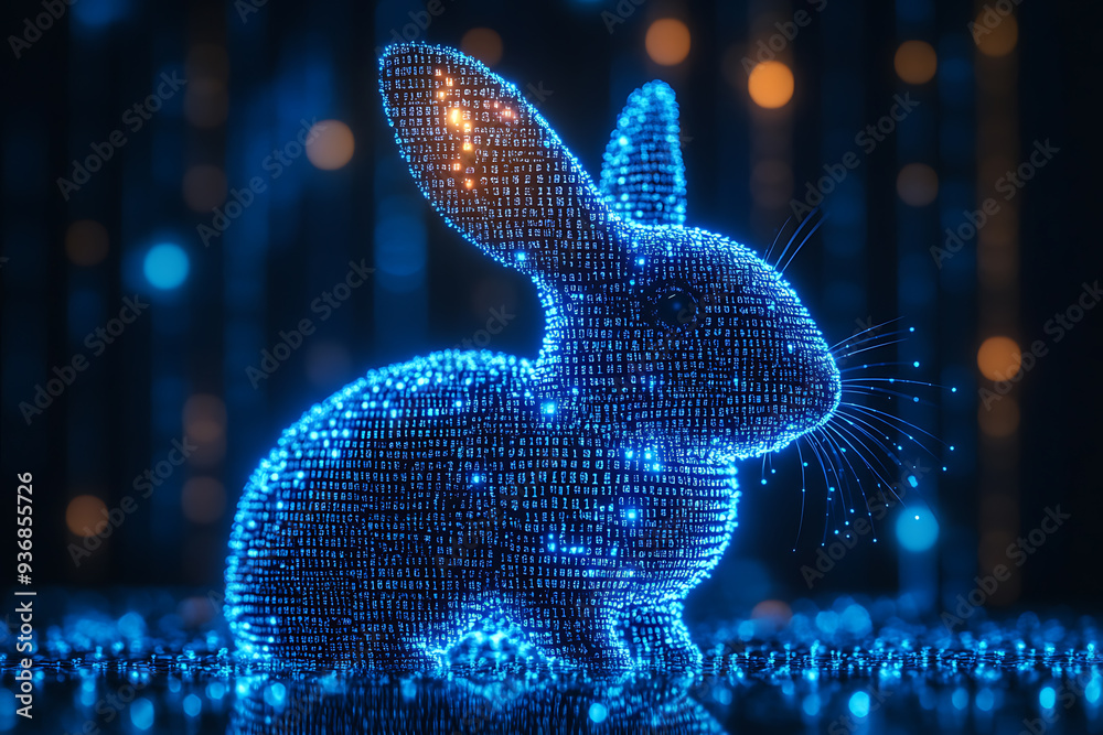 Wall mural a futuristic digital illustration of a rabbit silhouette, featuring a binary code pattern and glowin