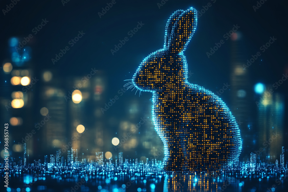 Wall mural a futuristic digital illustration of a rabbit silhouette, featuring a binary code pattern and glowin