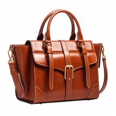 Elegant Brown Leather Handbag with Gold Buckles for Women, Stylish Leather Satchel Purse