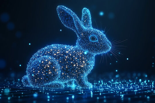 A futuristic digital illustration of a rabbit silhouette, featuring a binary code pattern and glowing effects on a white background.
